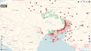 A digital map of Ukraine with areas occupied by Russia on 22 April 2023 in red, and areas regained by Ukraine in green