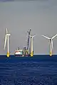 Jackup barge servicing a Vestas V80-2MW wind turbine of the Scroby Sands wind farm.