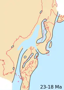 Japanese archipelago, Sea of Japan and surrounding part of continental East Asia in Early Miocene (23-18 Ma)