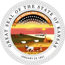 Image 35The Great Seal of the State of Kansas was established by the legislature on May 25, 1861. The design was submitted by Senator John James Ingalls. He also proposed the state motto, "Ad astra per aspera", which means "to the stars through difficulty". (from History of Kansas)