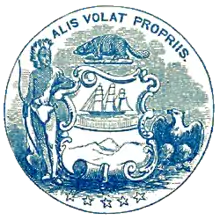 A blue seal that contains a Native American, a beaver, a ship, an eagle, five stars along the bottom, and the Latin phrase Alis Volat Propriis across the top.