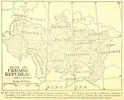 1918 map of Ukraine. Caption says following: "In the ruled area Ukrainian (Ruthenian) speech predominates…"