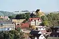 View to the village church with telephoto lens