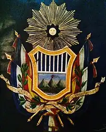 Image 13Coat of Arms of the Republic of Guatemala between 1858 and 1871. A replica was carved on the front side of the Carrera theater before it was remodeled in 1892. (from History of Guatemala)