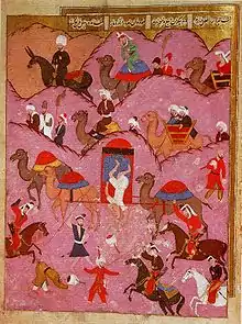 Murder of Ma'sum Beg, the envoy of the Safavid Shah Tahmasp, by Bedouin in the Hejaz, from the Şahname-ı Selim Han (folio 68a)