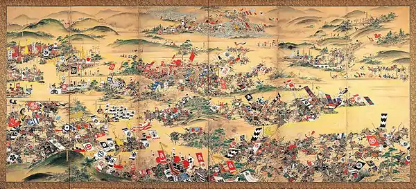 Image 45Edo period screen depicting the Battle of Sekigahara. It began on 21 October 1600, with a total of 160,000 men facing each other. (from History of Japan)