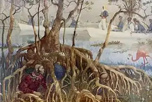 A black and white drawing of Seminoles crouched behind the massive roots of a mangrove tree while U.S. Marines in three canoes are shown in the background