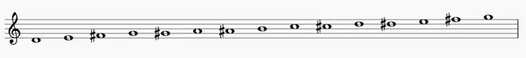 A musical scale with notes D, E, F-sharp, G, G-sharp, A, A-sharp, B, C, C-sharp, D, D-sharp, E, F-sharp, and G.