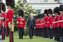 The President of Italy Sergio Mattarella inspects an honour guard of the GGFG during his visit to Rideau Hall.