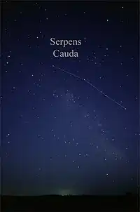 The pattern of stars in Serpens Cauda seen with the naked eye, with a line of stars marking the tail