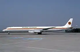 A Seychelles International Airways Douglas DC-8 at Basle in 1985