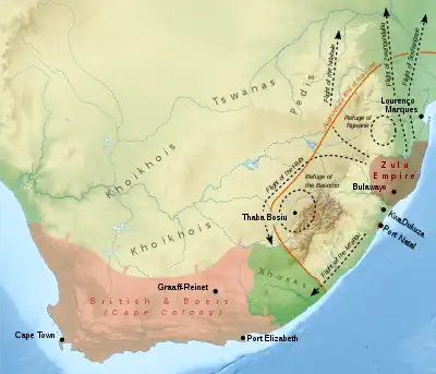 Image 12The rise of the Zulu Empire   under Shaka forced other chiefdoms and clans to flee across a wide area of southern Africa.  Clans fleeing the Zulu war zone   included the Soshangane, Zwangendaba, Ndebele, Hlubi, Ngwane, and the Mfengu.  Some clans were caught between the Zulu Empire and advancing Voortrekkers and British Empire   such as the Xhosa  . (from History of South Africa)