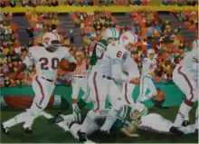 Oil painting of Bills OG Billy Shaw blocking for Bobby Smith against Jets in 1964