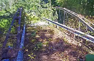 A bridge with wooden deck and iron supports covered with downed branches