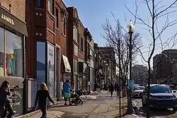 Storefronts along Sherbrooke Street in Victoria Village, March 2022