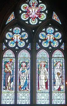 The east window, Eaton Hall Chapel, designed by Frederic Shields (the altar unusually is at the west end), this shows the stained-glass of light colours that allow plenty of light through that Waterhouse liked, also his use of geometrical window tracery. The main figures depicted are John the Baptist, Saint Peter, James the Great and John the Apostle