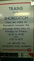 Sign showing train times from Shoreditch