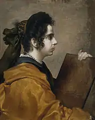 Juana Pacheco, Wife of the Artist, as a Sibyl (?), c. 1631. A more rigid representation of a similar portrait pose. This work was heavily over-painted in the 19th century, when elements such as jewellery were added. The over paint was removed in the early 1920s when it was attributed to Velázquez. Like the Sibyl with Tabula Rasa it is believed to be unfinished.