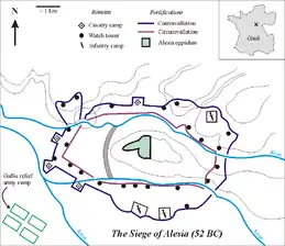 A map of the fortifications Caesar built in Alesia