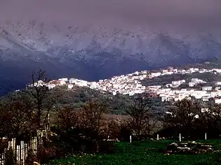 A view of the Sierra de Gata peaks in the background over a mountain village