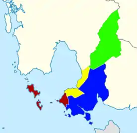 Sihanoukville Province's districts:Sihanoukville Municipality (dark red), Stueng Hav (yellow), Prey Nob (blue), Kampong Seila (green)