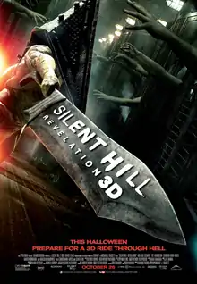 A large knife, superimposed white writing "Silent Hill Revelation 3D"