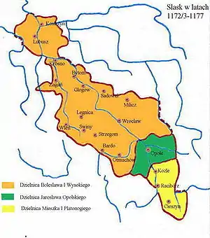 Silesia 1172-77: Bolesław I the Tall at Wrocław (orange), Mieszko I Tanglefoot at Racibórz (yellow), Jarosław at Opole (green)