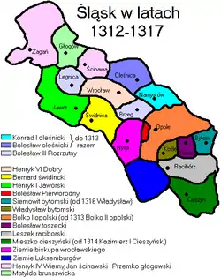 Jawor Duchy (in light green) is reduced to its original size in 1312.