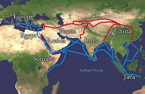 Image 15The economically important Silk Road was blocked from Europe by the Ottoman Empire in c. 1453 with the fall of the Byzantine Empire. This spurred exploration, and a new sea route around Africa was found, triggering the Age of Discovery. (from Indian Ocean)