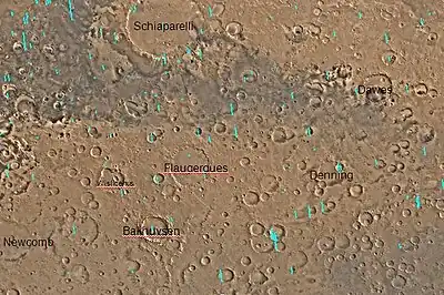 Quadrangle map of Sinus Sabaeus labeled with major features.  Colored rectangles represent image footprints of Mars Global Surveyor.