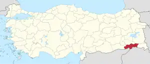 Şırnak highlighted in red on a beige political map of Turkeym