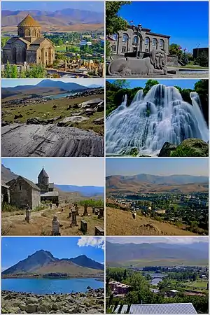 From top left:  Saint Gregory Church of 689 • Sisian Town Hall • Ughtasar Petroglyphs • Shaki Waterfall •
Vorotnavank • General view of Sisian • Sisian with Mt Mets Ishkhanasar • Vorotan River