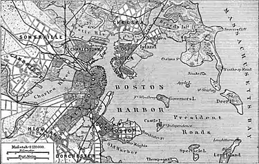 A larger view of Boston in 1888 (see also Colonial wide-area view, 1814 map, 1842 map, 1880 railroad map, 1903 map)