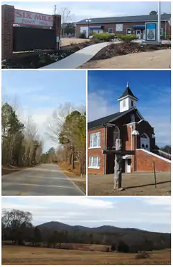 Top, left to right: Six Mile Town Hall, Liberty Highway, Six Mile Baptist Church, view of nearby mountain from Main Street