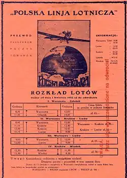 The 1925 timetable of "Polska Linja Lotnicza Aerolloyd"