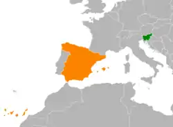 Map indicating locations of Slovenia and Spain