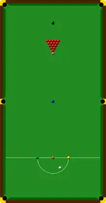 A computer-generated picture of a snooker table viewed from above, drawn exactly to scale, with the snooker balls shown in their starting positions