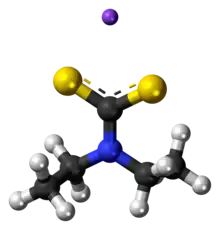 Ball-and-stick model of the component ions of sodium diethyldithiocarbamate