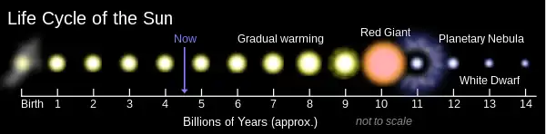 Image 14Overview of the evolution of the Sun, a G-type main-sequence star. Around 11 billion years after being formed by the Solar System's protoplanetary disk, the Sun will expand to become a red giant; Mercury, Venus and possibly the Earth will be swallowed. (from Solar System)