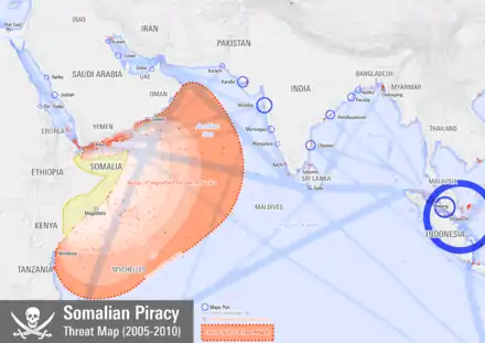 Image 6Map showing the extent of Somali pirate attacks on shipping vessels between 2005 and 2010 (from Piracy)