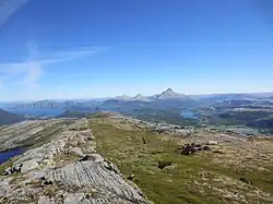 Photo showing some of the landmarks in Bindal, including the second highest mountain Heilhornet (center-right part of the image)