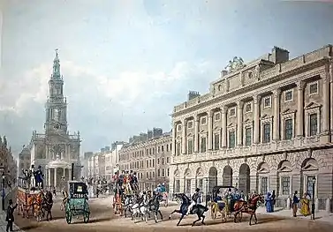 The Strand façade of Chambers' Somerset House and the church of St Mary-le-Strand, shown in a view of 1836