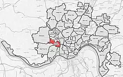 South Fairmount (red) within Cincinnati, Ohio.