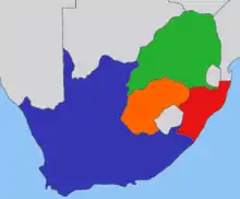 Image 33Regional geography during the period of the Anglo–Boer wars:  South African Republic/Transvaal  Orange Free State  British Cape Colony  Natal Colony (from History of South Africa)