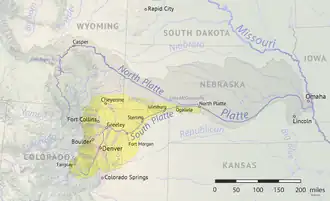 Map of the South Platte River watershed in Colorado from North Platte, Nebraska