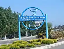 Image 25A Genentech-sponsored sign declaring South San Francisco to be "The Birthplace of Biotechnology." (from History of biotechnology)