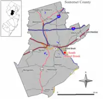 Location of South Bound Brook in Somerset County highlighted in yellow (right). Inset map: Location of Somerset County in New Jersey highlighted in black (left).