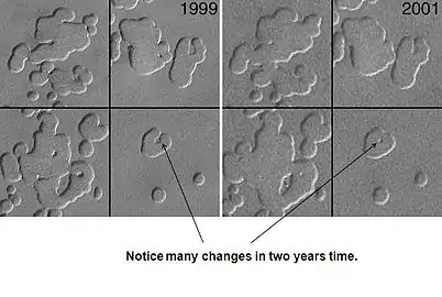 Changes in South Pole surface from 1999 to 2001, as seen by Mars Global Surveyor.