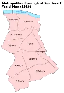 A map showing the Christchurch ward of Southwark Metropolitan Borough as it appeared in 1916