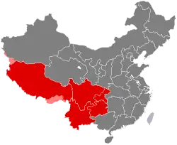 Government-defined region of Southwest China(including Chongqing, Sichuan, Guizhou, Yunnan, and Tibet)
(Red): Controlled by China  ;(Light red): Disputed territory